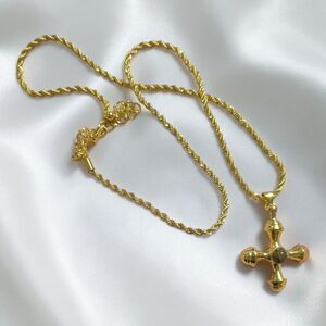 Gold Tone Maltese Cross Pendant Necklace, Black Cabochon, Gothic Medieval Style